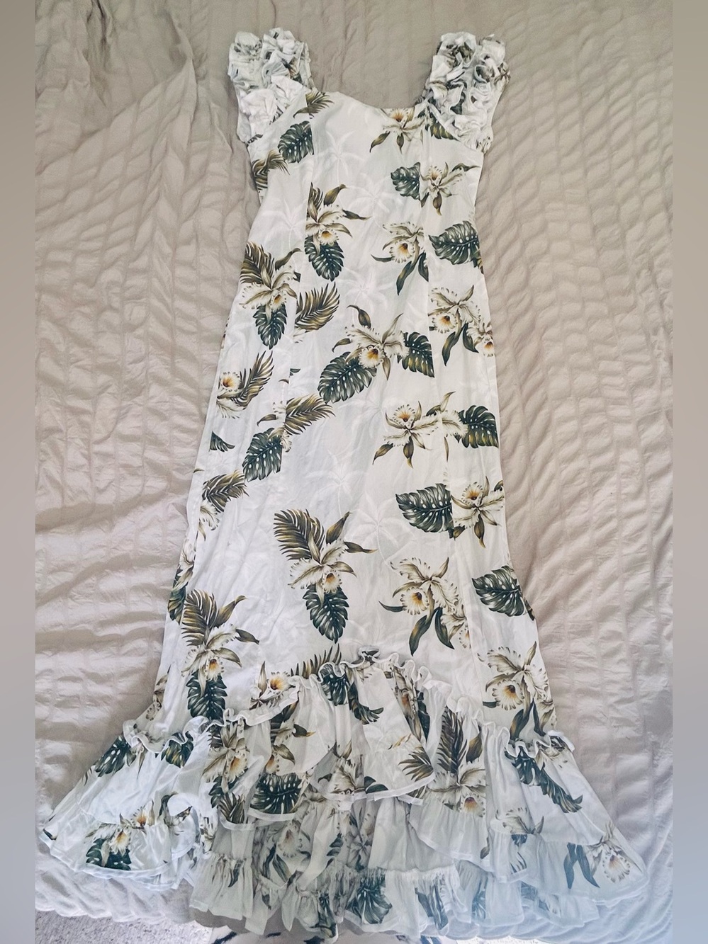 Vintage MAHALO Hawaiian Muumuu Dress White Tropical Floral Ruffle Mermaid Small